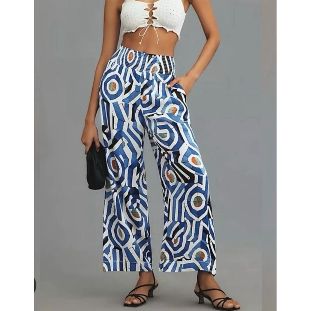 ANTHROPOLOGIE Maeve The Saria Smocked Boho Wide-leg Pants In Blue Sz XL